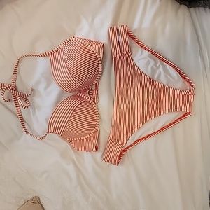 Shade & Shore red & white striped Bikini Set. Bottoms, L. Top - 36C.